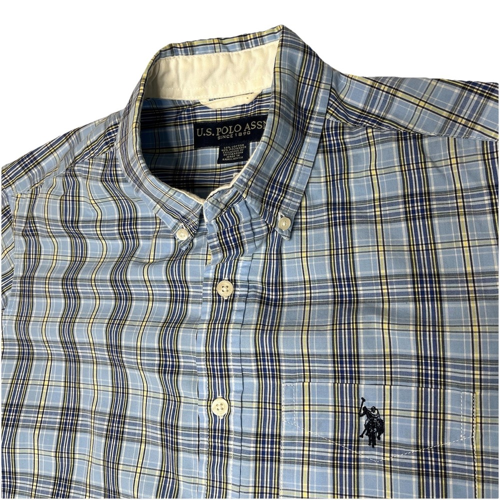 U.S. Polo Assn. America Button Down Shirt Men's M‎ Blue Plaid Pony Short Sleeve